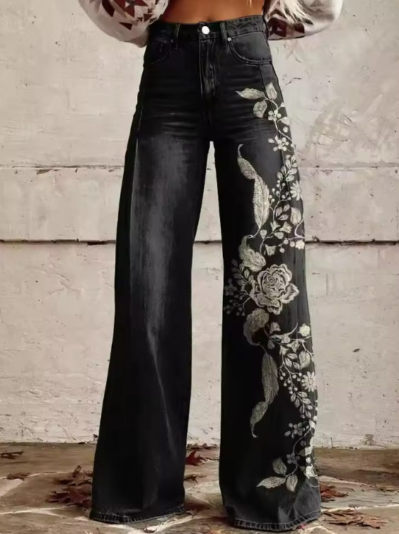 Deena - Vintage Floral Chic Black Pants
