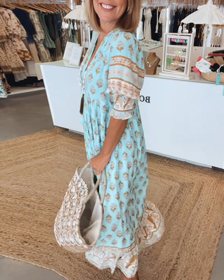 Keri - Printed Midi Dress with V-Neck and Elegant Balloon Sleeves