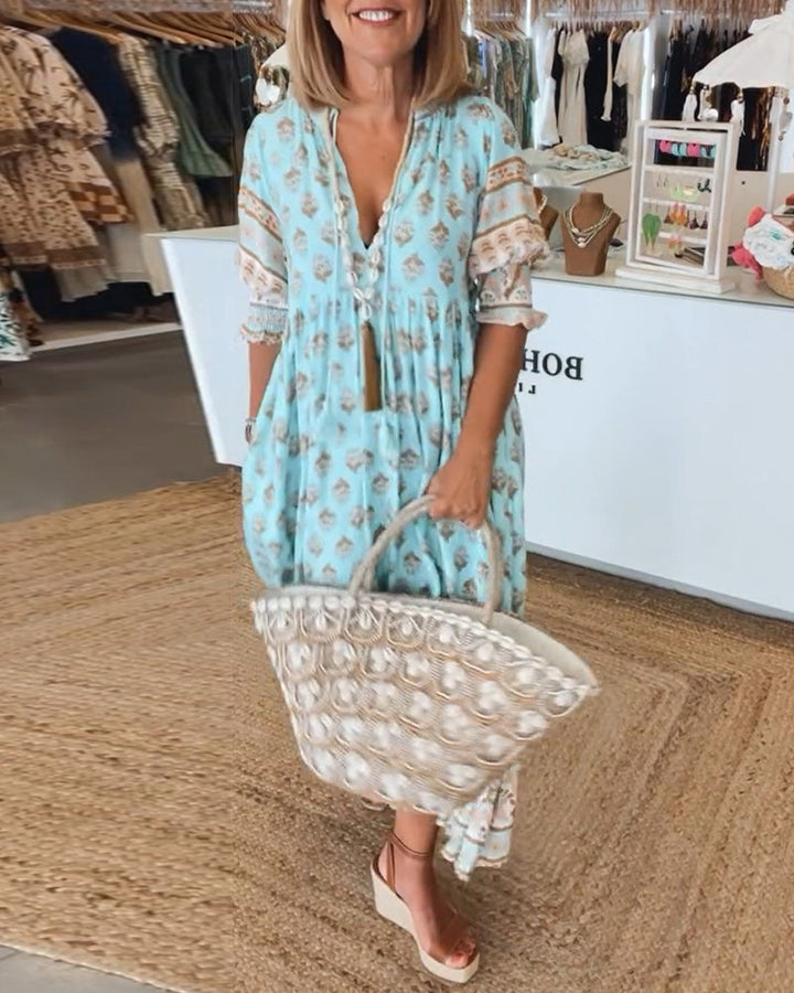 Keri - Printed Midi Dress with V-Neck and Elegant Balloon Sleeves