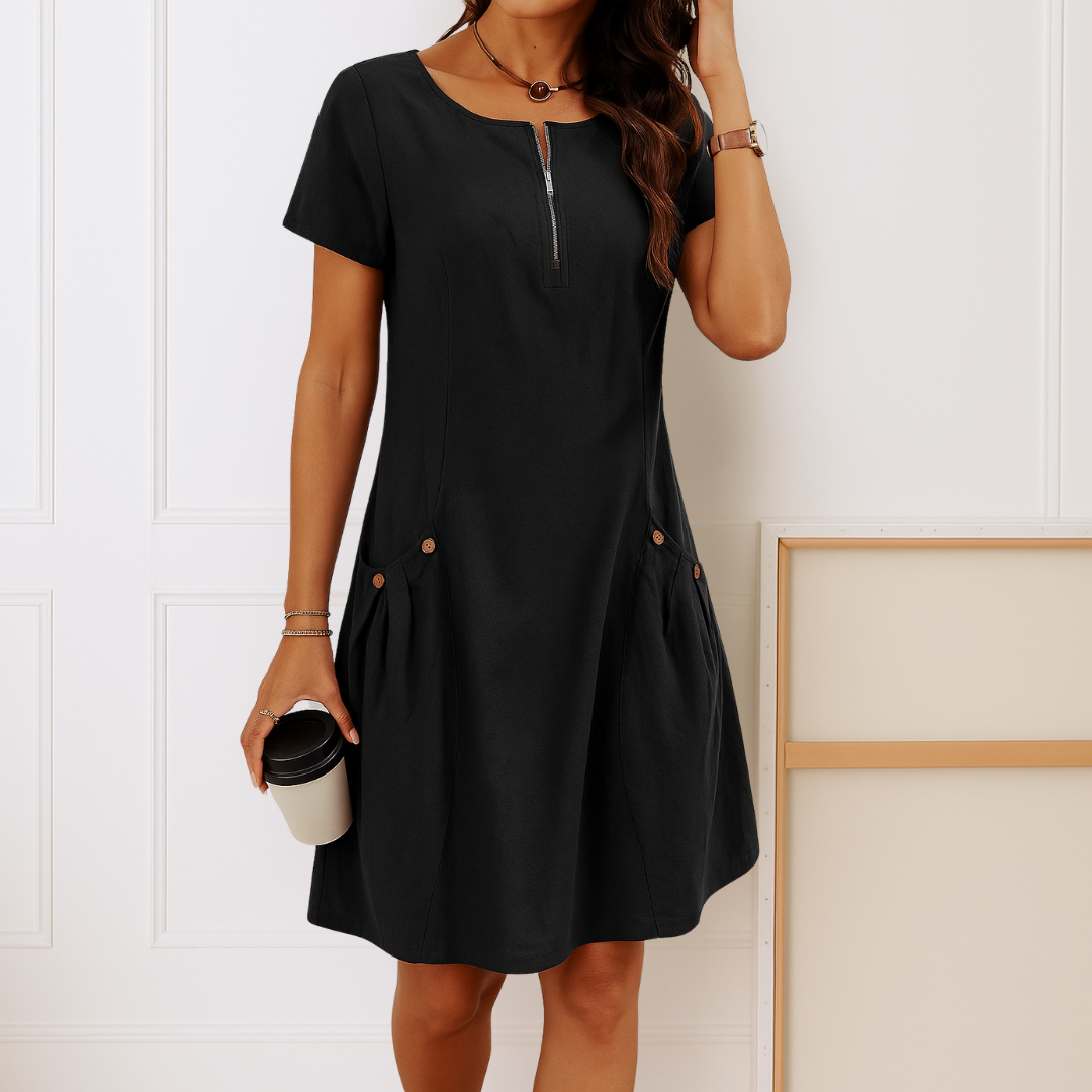Helena - Elegant Cotton Dress with Short Sleeves and Pockets