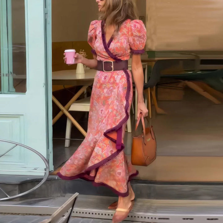Stacy - Elegant Pink Short Sleeve Maxi Dress