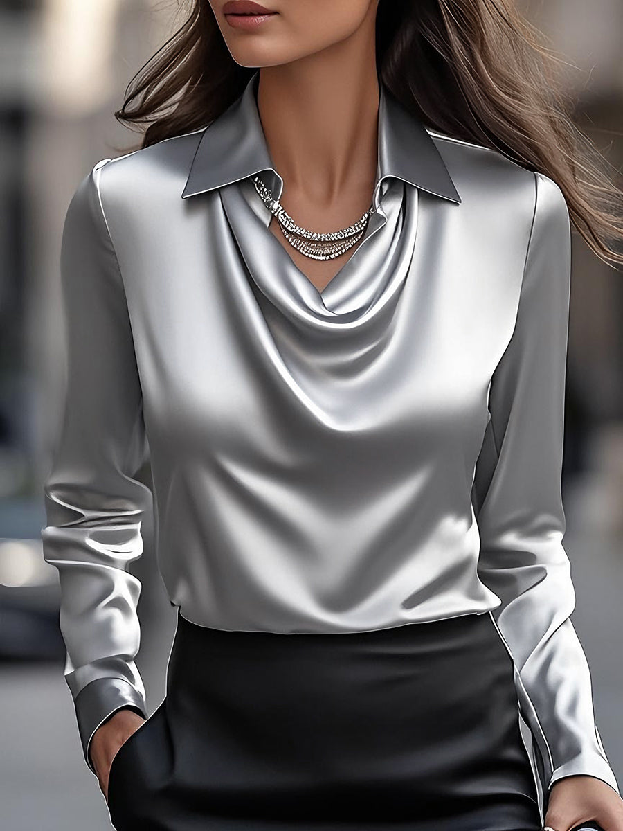 Sheena - Elegant Satin Blouse with Draped Neckline