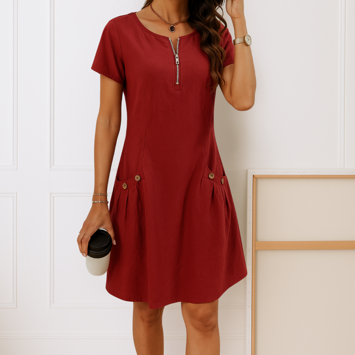 Helena - Elegant Cotton Dress with Short Sleeves and Pockets