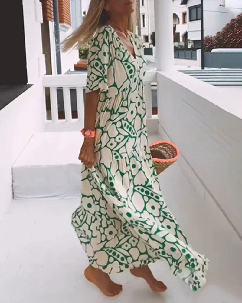 Darlene - Long Summer Dress with Flowing Cut and Elegant Graphic Pattern