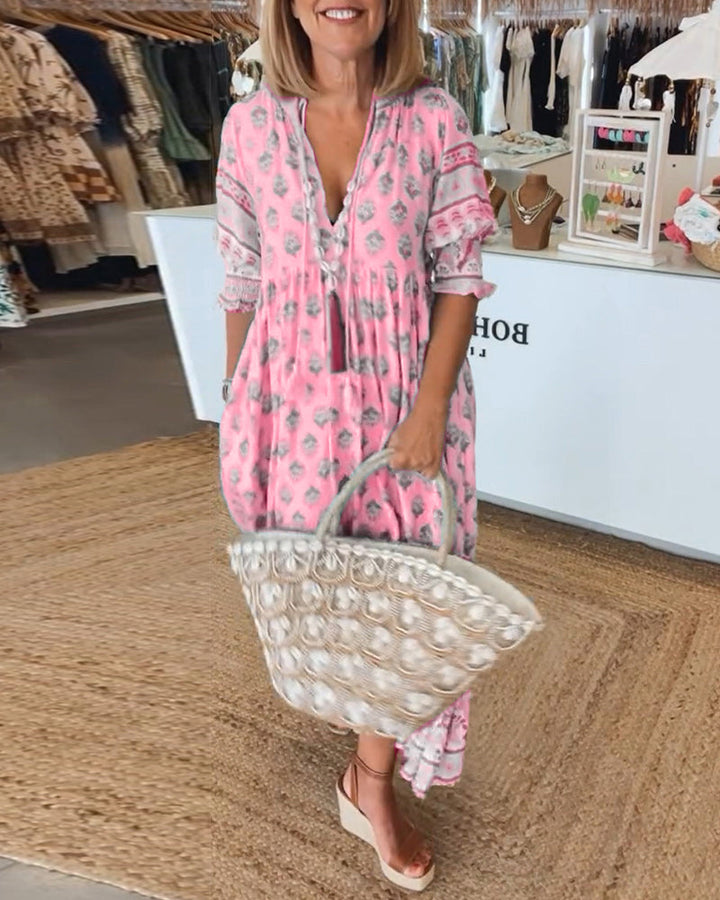 Keri - Printed Midi Dress with V-Neck and Elegant Balloon Sleeves