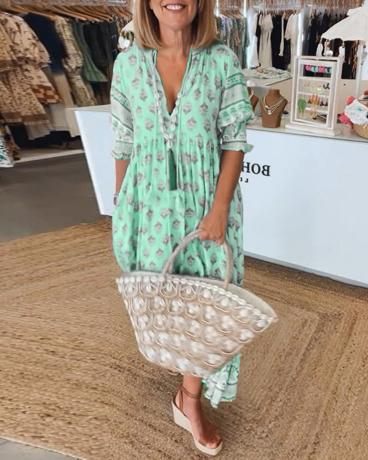Keri - Printed Midi Dress with V-Neck and Elegant Balloon Sleeves
