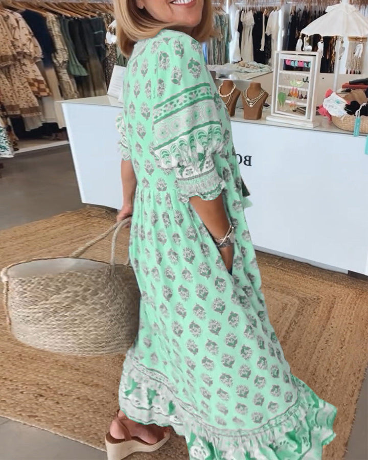 Keri - Printed Midi Dress with V-Neck and Elegant Balloon Sleeves