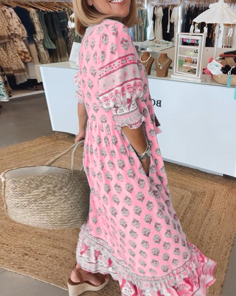 Keri - Printed Midi Dress with V-Neck and Elegant Balloon Sleeves