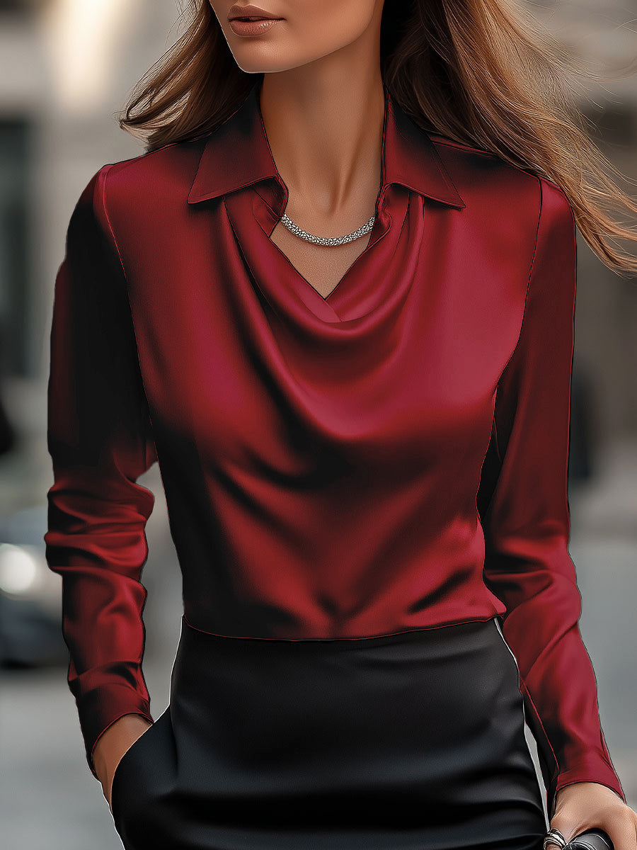 Sheena - Elegant Satin Blouse with Draped Neckline