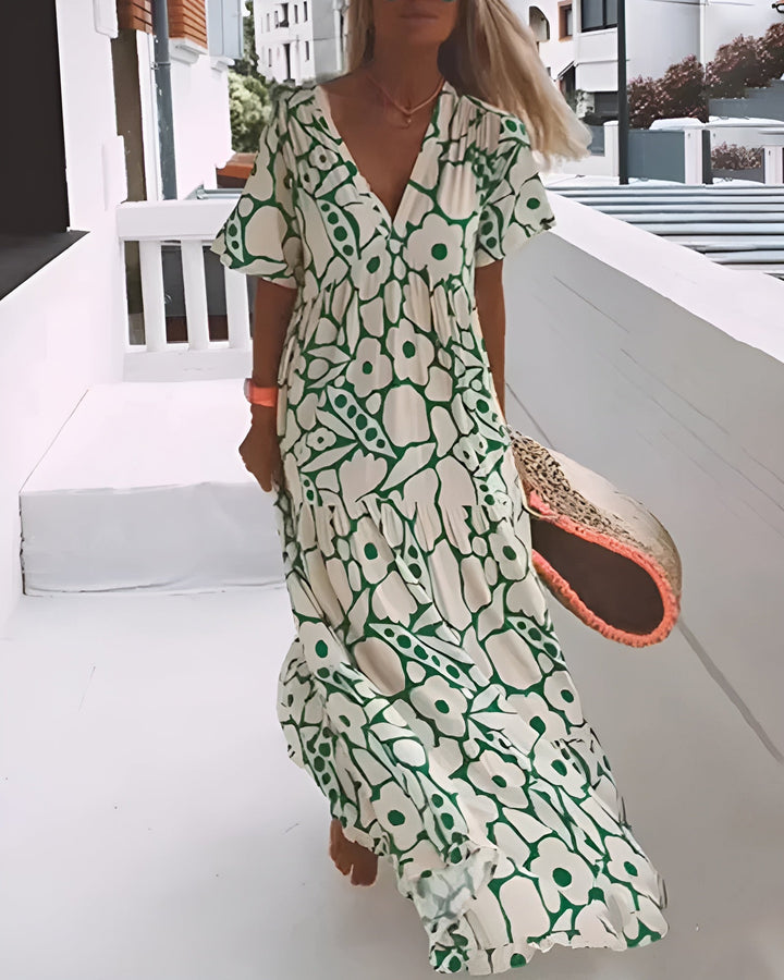 Darlene - Long Summer Dress with Flowing Cut and Elegant Graphic Pattern