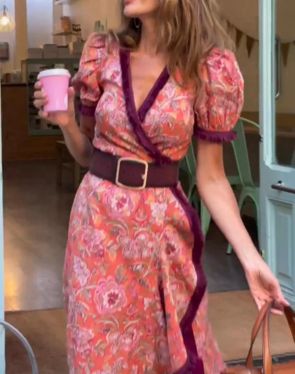 Stacy - Elegant Pink Short Sleeve Maxi Dress