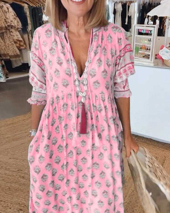 Keri - Printed Midi Dress with V-Neck and Elegant Balloon Sleeves