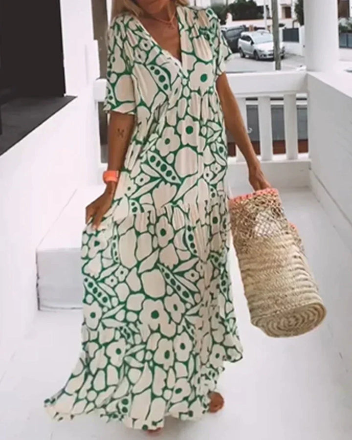Darlene - Long Summer Dress with Flowing Cut and Elegant Graphic Pattern