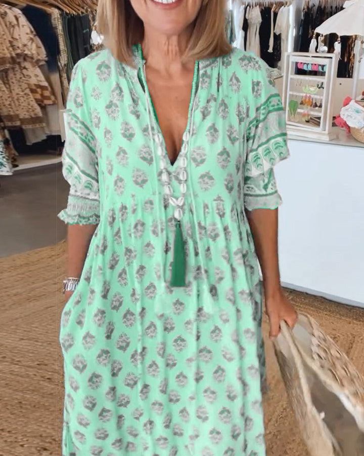Keri - Printed Midi Dress with V-Neck and Elegant Balloon Sleeves