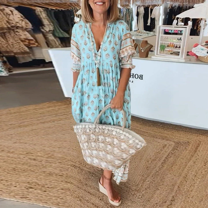 Keri - Printed Midi Dress with V-Neck and Elegant Balloon Sleeves