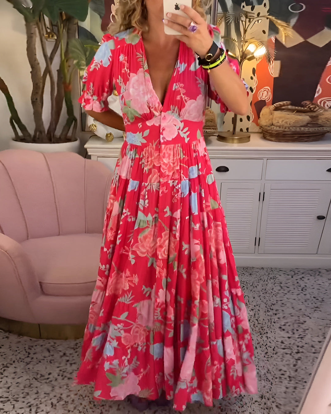 Sandy - Long Floral Dress with Hidden Pockets and Feminine Cut for Daytime Wear