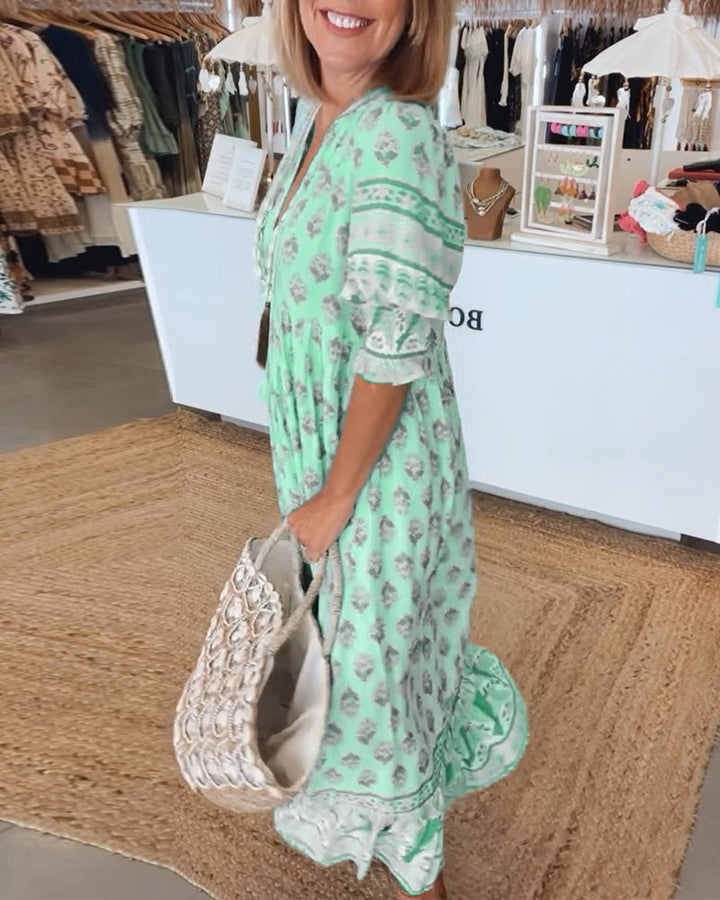 Keri - Printed Midi Dress with V-Neck and Elegant Balloon Sleeves
