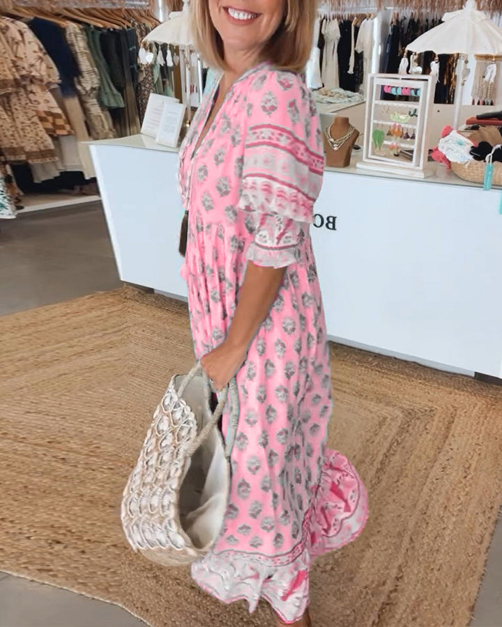 Keri - Printed Midi Dress with V-Neck and Elegant Balloon Sleeves