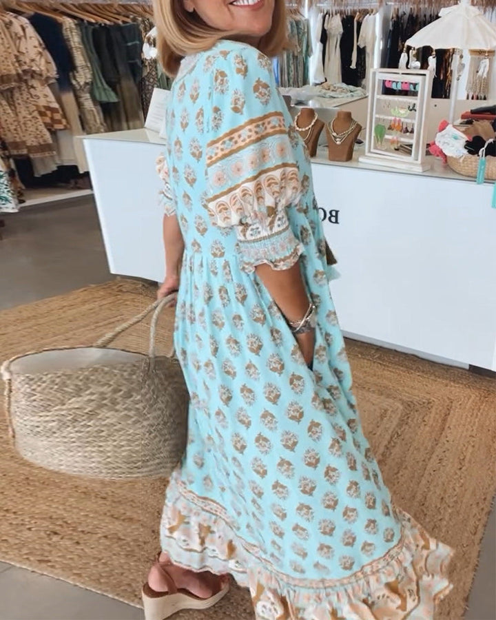 Keri - Printed Midi Dress with V-Neck and Elegant Balloon Sleeves