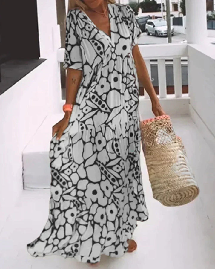 Darlene - Long Summer Dress with Flowing Cut and Elegant Graphic Pattern
