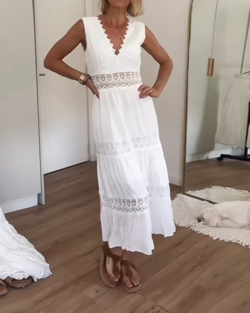 Meredith - Sleeveless Midi Dress with V-Neck and Delicate Lace Details