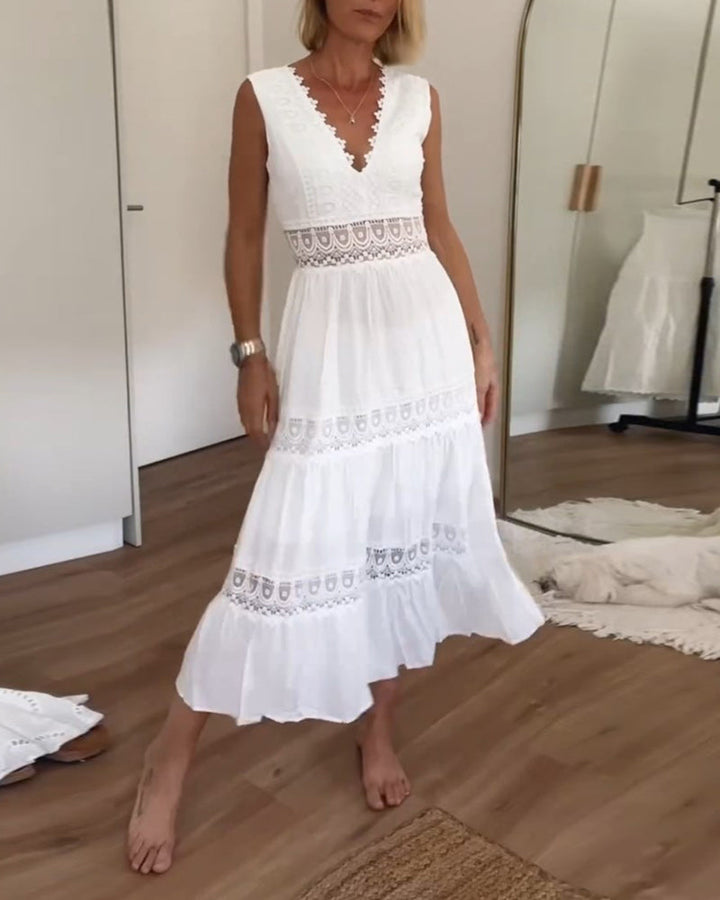Meredith - Sleeveless Midi Dress with V-Neck and Delicate Lace Details