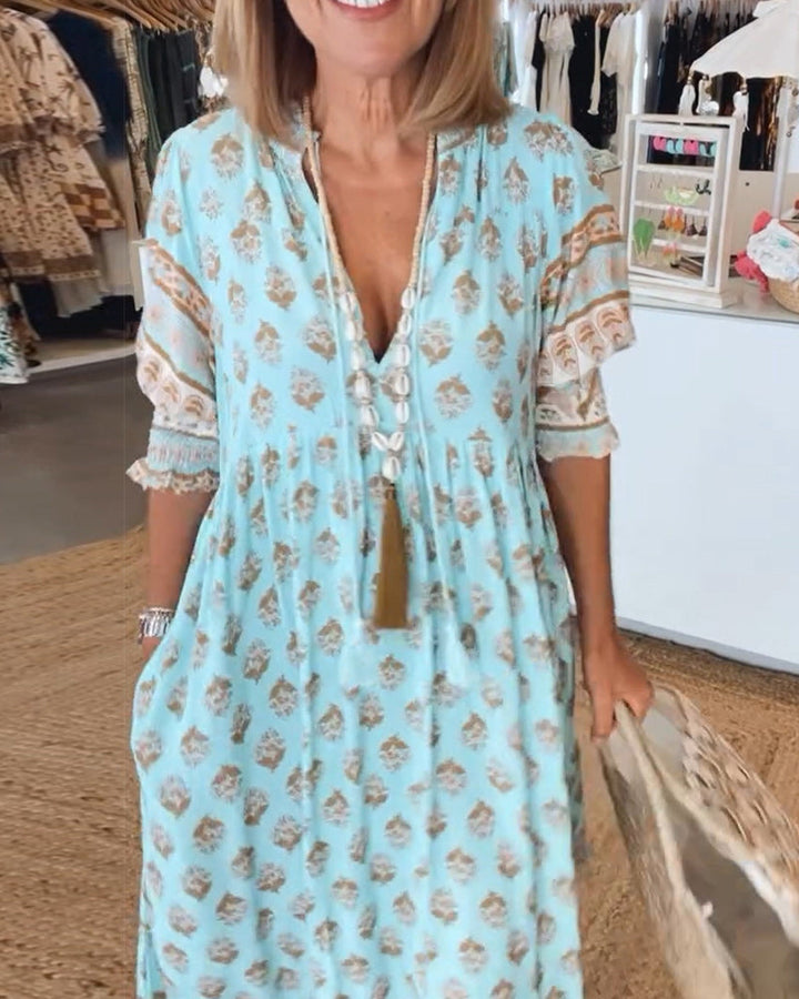 Keri - Printed Midi Dress with V-Neck and Elegant Balloon Sleeves