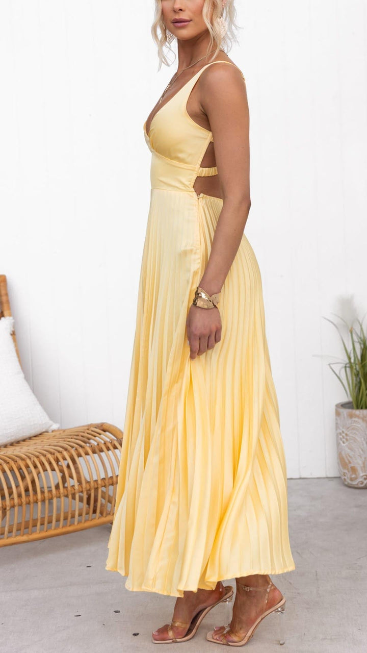 Fiorenza - Yellow pleated V-neck maxi dress