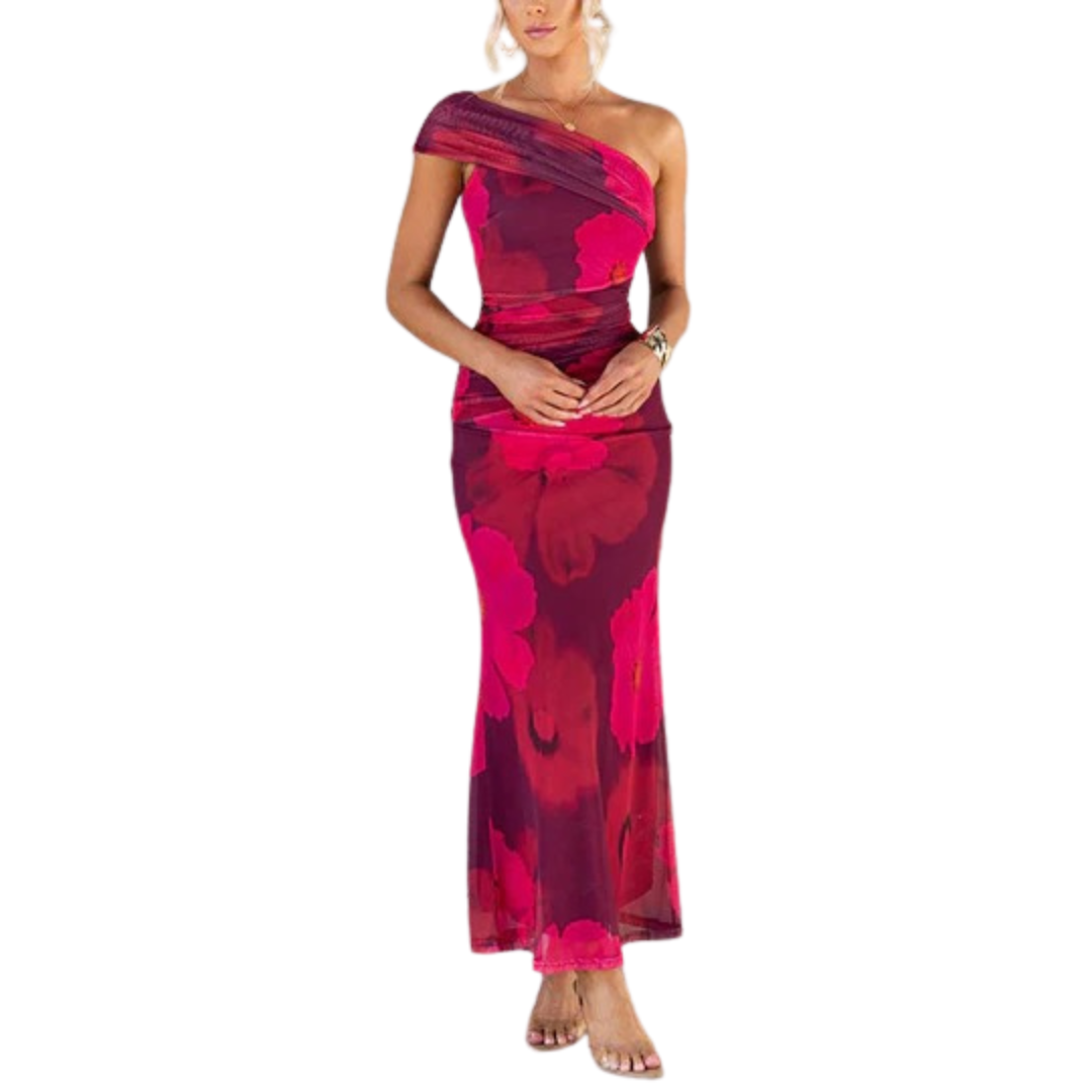 Audrey - One Shoulder Floral Print Mesh Bodycon Maxi Dress