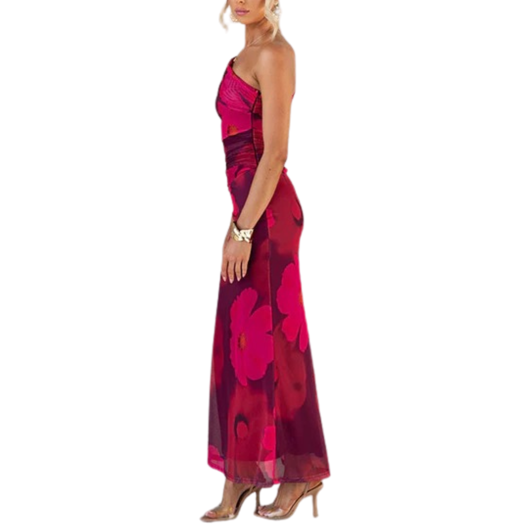 Audrey - One Shoulder Floral Print Mesh Bodycon Maxi Dress