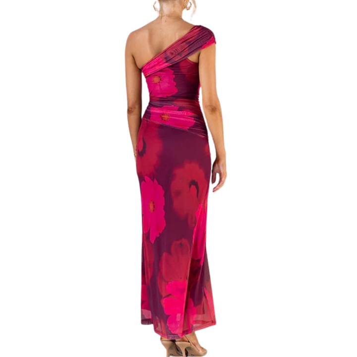Audrey - One Shoulder Floral Print Mesh Bodycon Maxi Dress