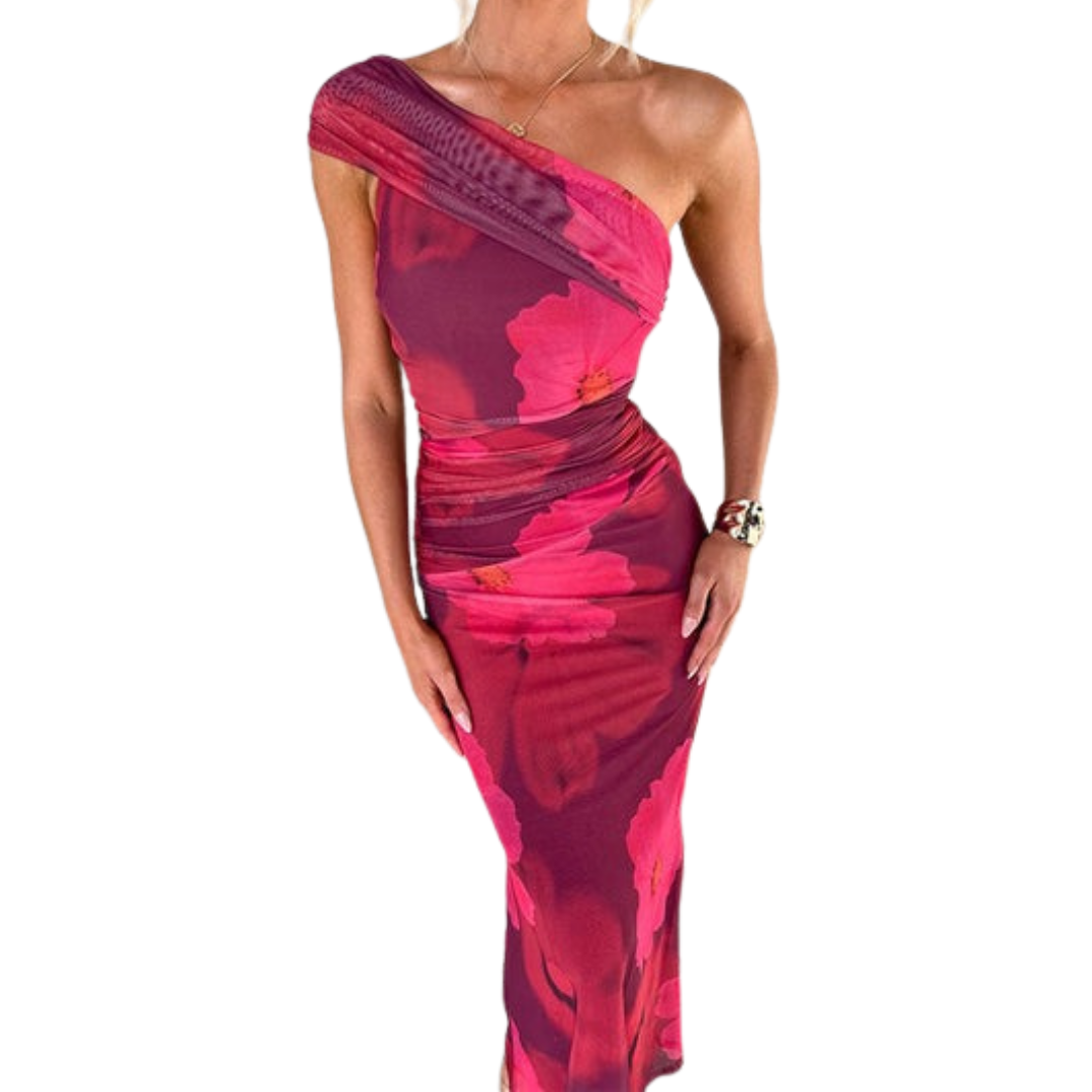 Audrey - One Shoulder Floral Print Mesh Bodycon Maxi Dress