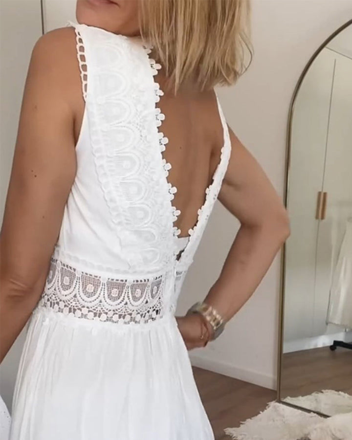 Meredith - Sleeveless Midi Dress with V-Neck and Delicate Lace Details