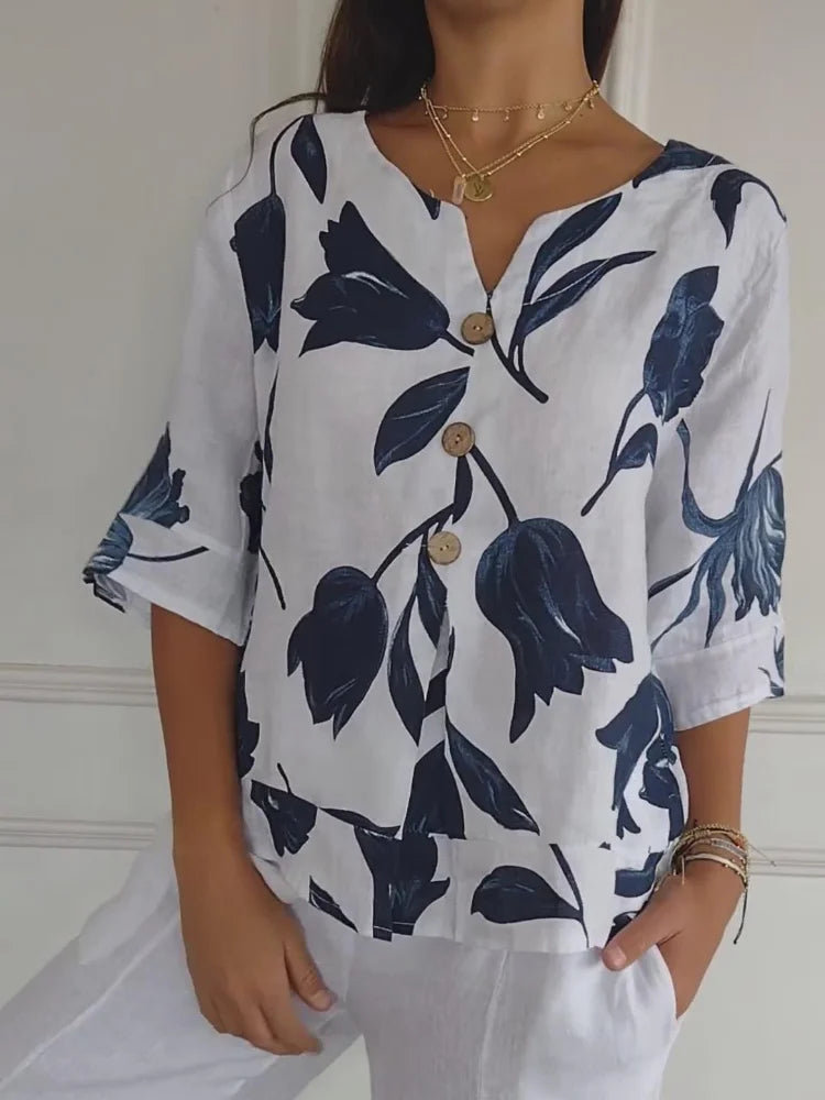 Clover - Floral V-Neck Blouse