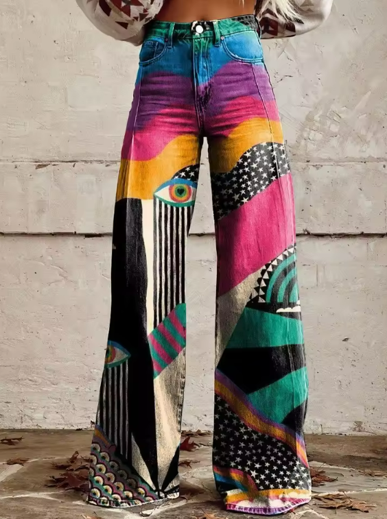 Bridgett - Boho-style Flare Pants with High Waist and Artistic Festival Look
